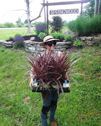 a woman holding a crate of plants in front of a sign